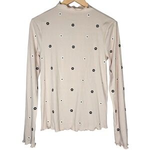 Hem & Thread Embroidered Rib Mock Neck Cabbage Hem Long Sleeve Top Womens Size L